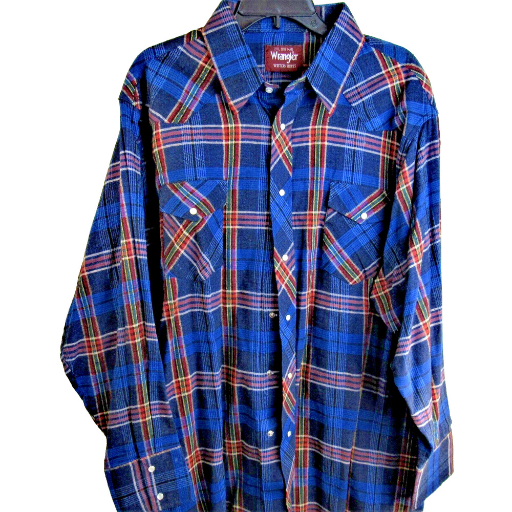 Wrangler Plaid Long Sleeve Shirt Pearl Snaps Size 2XL Blue See Condition Below